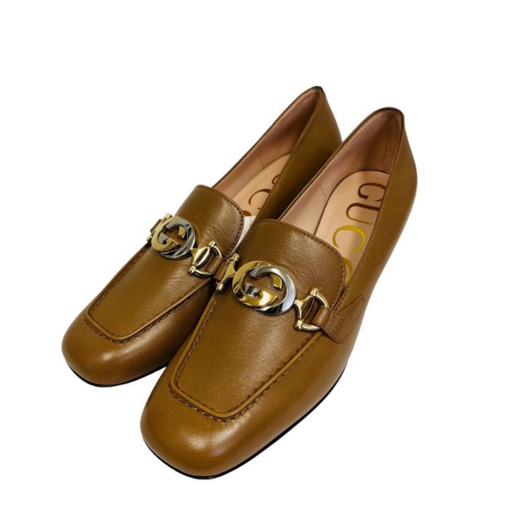 GUCCI Brown Leather Interlocking G
Zumi Logo Square Toe Block Heel
Loafers NEW - Picture 3 of 8